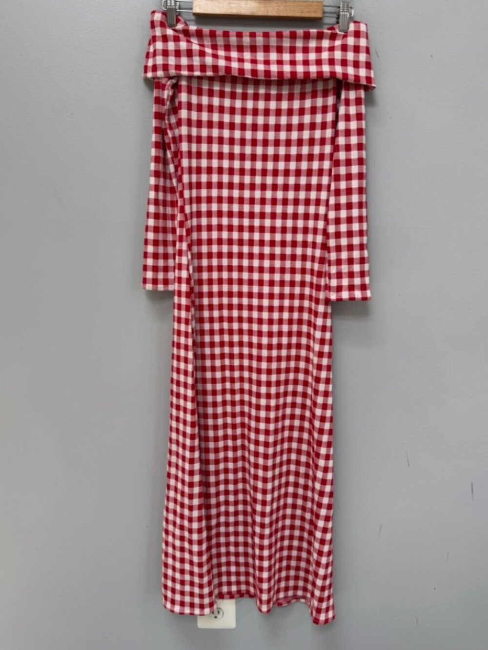 Leslie Amon Red + White Long Sleeve Gingham Off the Shoulder Dress in XS